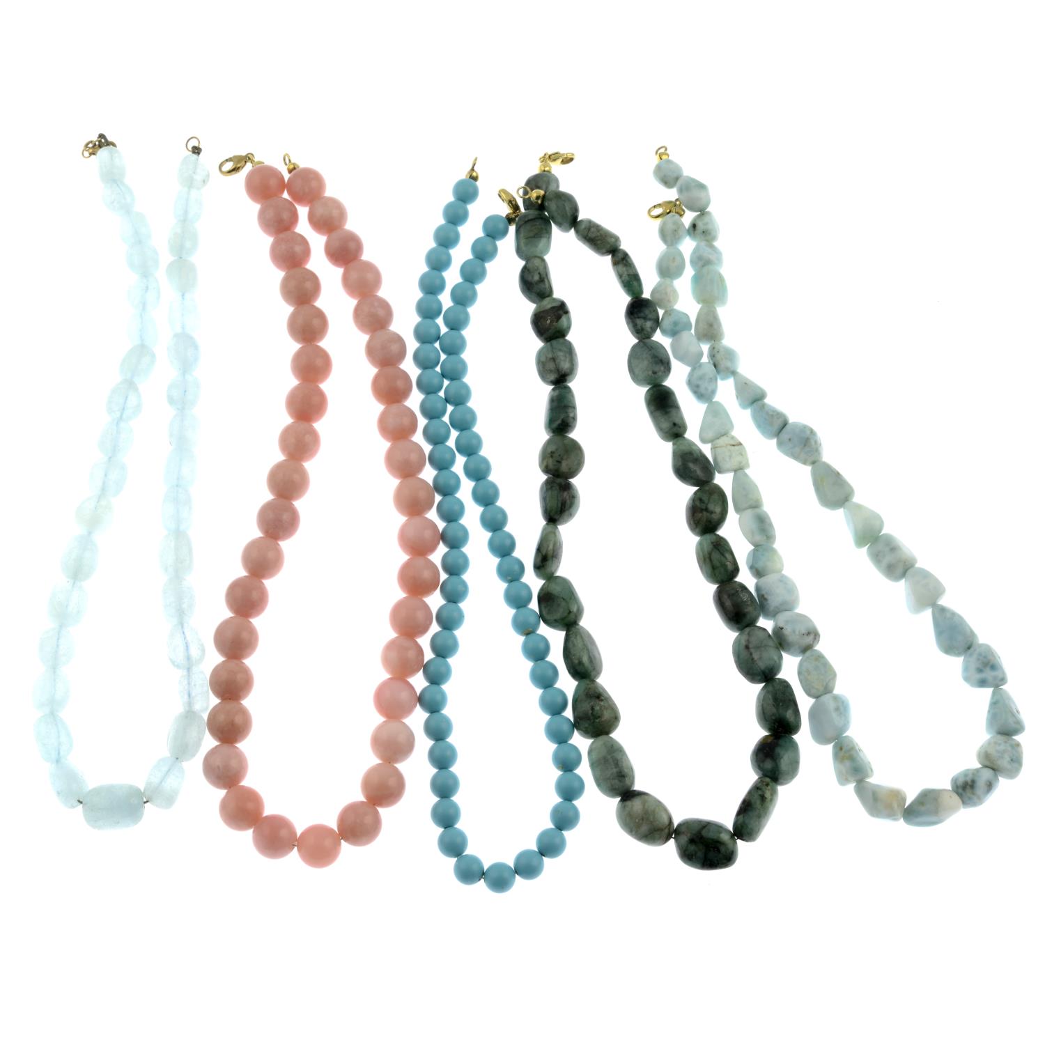 Five gem necklaces, to include an aquamarine bead necklace.Clasps stamped 9ct.Lengths 45 to 46cms. - Image 2 of 2