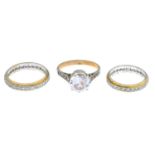 Three colourless gem-set rings.9ct gold colourless paste full eternity ring,