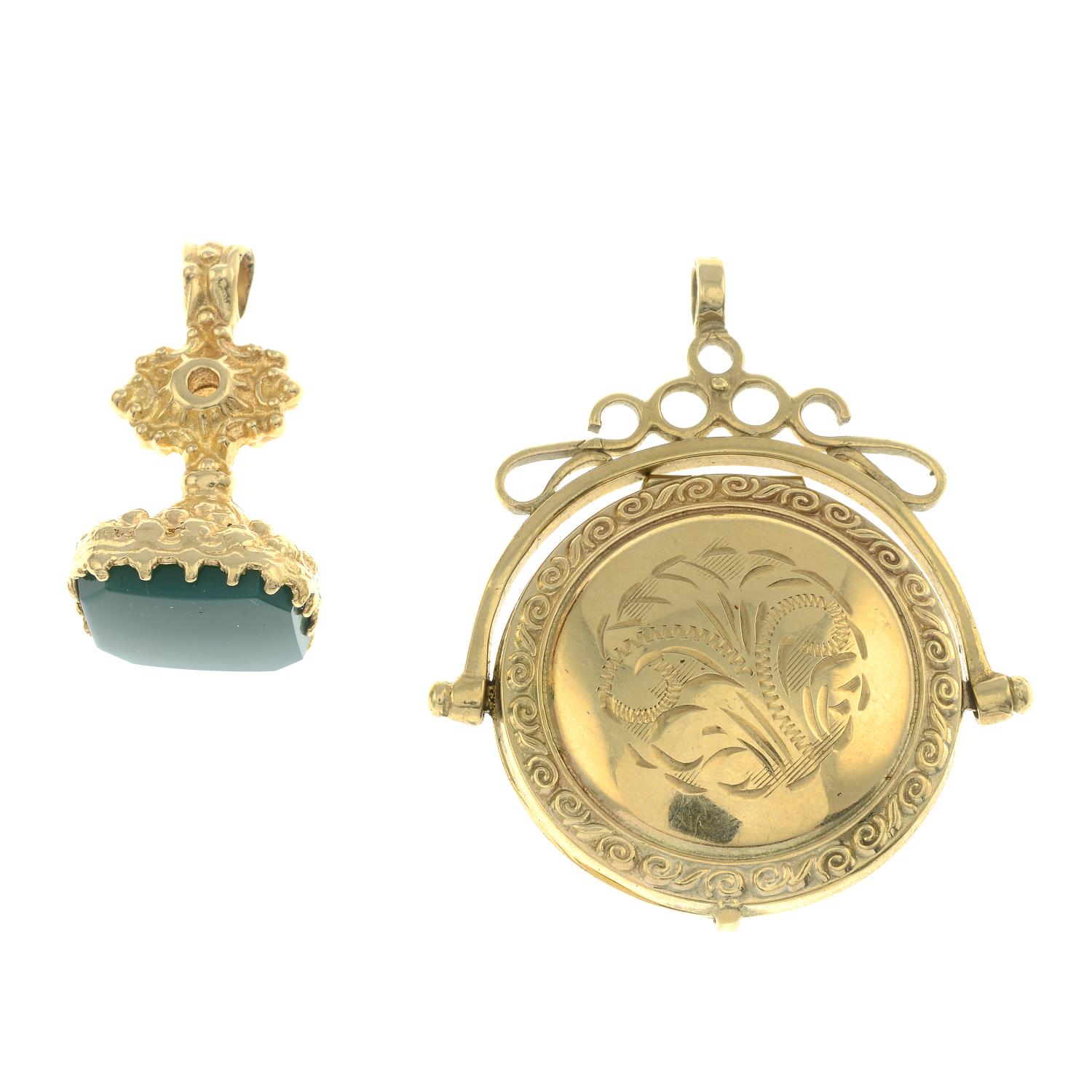 Two 9ct gold fobs.9ct gold chalcedony fob,