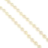 A cultured pearl single-strand necklace.Clasp stamped 585.Length 42cms.