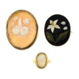 An 14ct gold agate cameo ring and a 9ct pietra dura brooch together with a shell cameo brooch.One