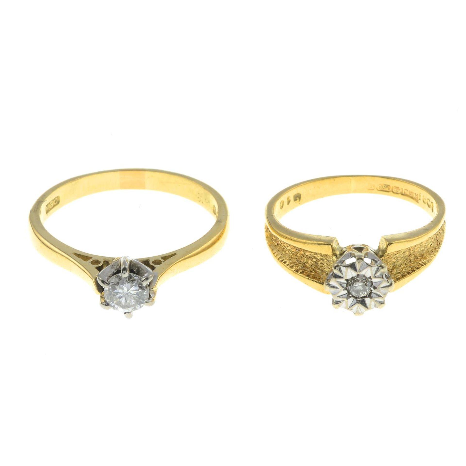 Two 18ct gold diamond single-stone rings.18ct gold diamond single-stone ring,