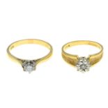 Two 18ct gold diamond single-stone rings.18ct gold diamond single-stone ring,