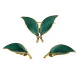 A pair of enamel clip-on earrings and a brooch,