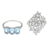 Two gem-set rings.9ct gold aquamarine three-stone ring,