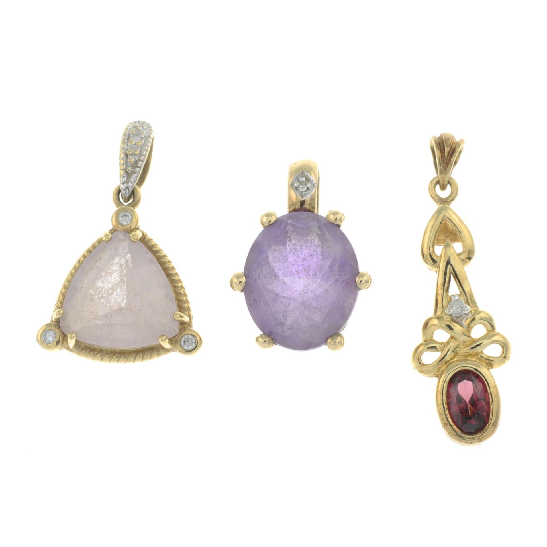 Eight gem-set pendants and a gem-set necklace.