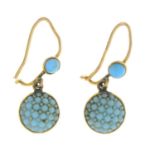 A pair of late Victorian gold reconstituted turquoise and paste earrings.Length 2cms.