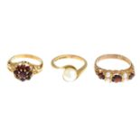 Three 9ct gold cultured pearl and garnet rings.9ct gold garnet cluster ring,