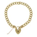 A 9ct gold curb-link bracelet, gathered at a 9ct gold heart padlock clasp.Hallmarks for 9ct gold.