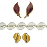 Two pairs of enamel clip-on earrings and a bracelet,