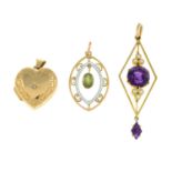 A diamond 9ct gold locket together with a split pearl and amethyst pennant along with a peridot and