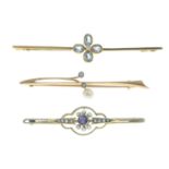 Three early 20th century gem-set brooches.Early 20th century old-cut diamond and cultured pearl