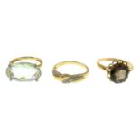 Three 9ct gold gem-set rings.9ct gold praisolite and single-cut diamond dress ring,