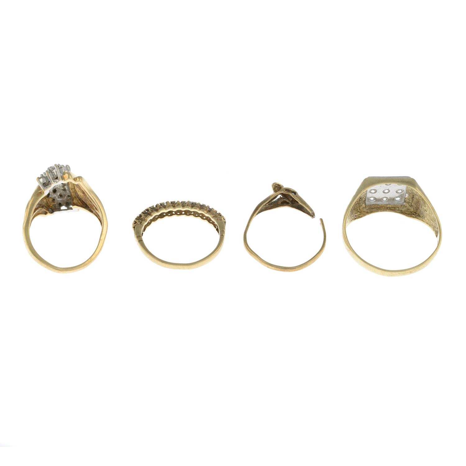 Four rings, to include a 9ct gold cubic zirconia signet ring and a diamond cluster ring. - Image 2 of 2
