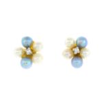 A pair of diamond and cultured pearl cluster earrings.Stamped 585.Length 1.1cms.