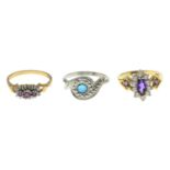 Three gem-set rings.9ct gold amethyst and cubic zirconia dress ring,