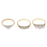 Three 18ct gold diamond rings.18ct gold illusion-set brilliant-cut diamond three-stone ring,