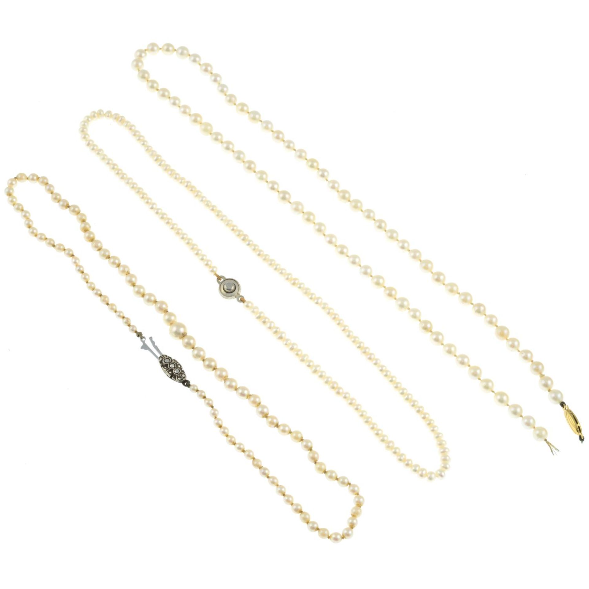 Three cultured pearl necklaces, one with marcasite clasp. - Image 3 of 3