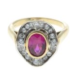 A synthetic ruby and cubic zirconia cluster ring.Stamped 9ct.Ring size N1/2.