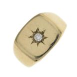 A gold cubic zirconia signet ring.Hallmarks for gold, partially indistinct.