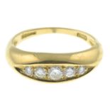 An 18ct gold brilliant-cut diamond five-stone ring.Estimated total diamond weight 0.25ct,