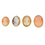 Four cameo brooches.One stamped 9ct.