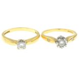 Two 18ct gold diamond single-stone rings.18ct gold diamond single-stone ring,