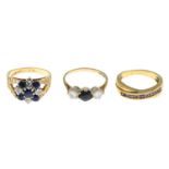 Three 9ct gold gem-set rings.9ct gold sapphire and diamond cluster ring,