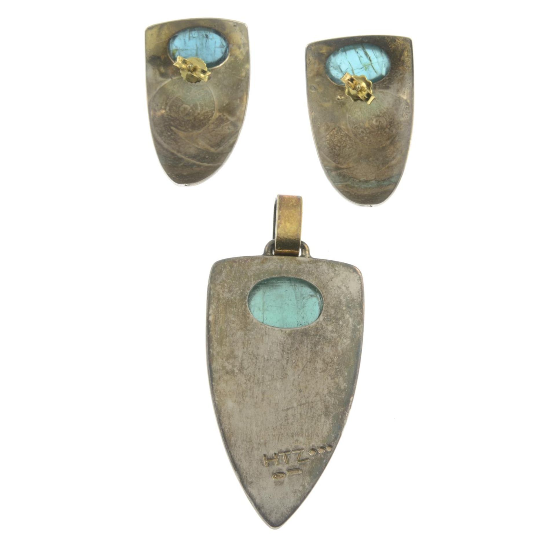 A silver tourmaline pendant and earring set.Stamped HT 925.Length of pendant 5.5cms. - Image 2 of 2