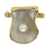 A cultured pearl and mother-of-pearl stylised scallop shell brooch.Length 2.4cms.
