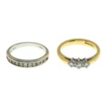 Two gold diamond rings.18ct gold diamond three-stone ring,