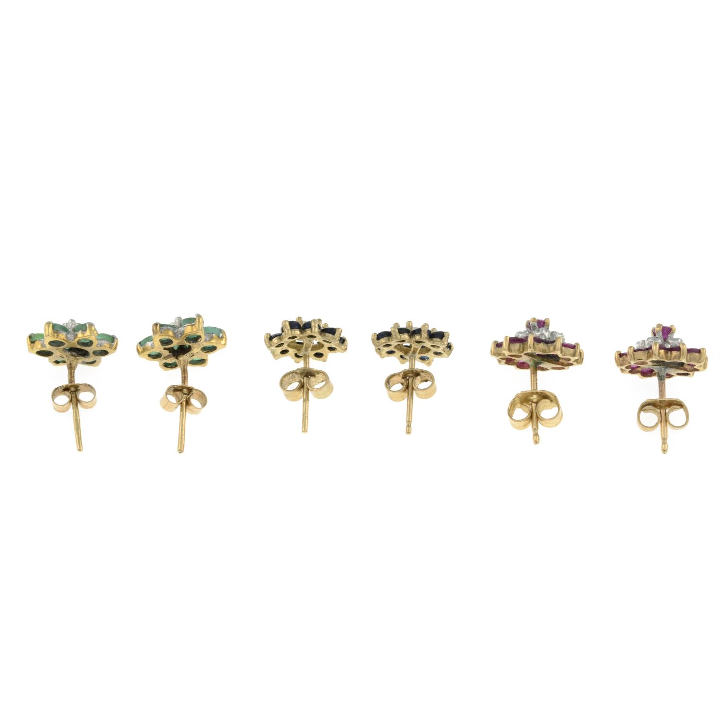 Three pairs of 9ct gold gem-set earrings.Hallmarks for 9ct gold.Lengths 1.4 to 1.6cms. - Image 2 of 2