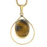 A tiger's-eye pendant, with box-link chain.Pendant stamped 9CT.