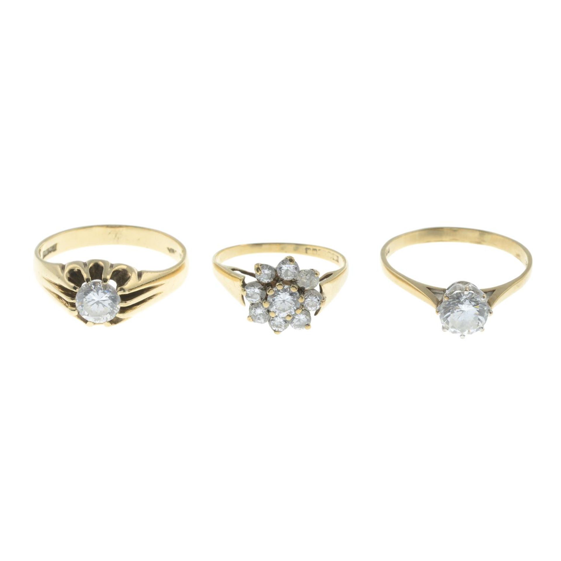 Three 9ct gold cubic zirconia rings.9ct gold cubic zirconia single-stone ring,