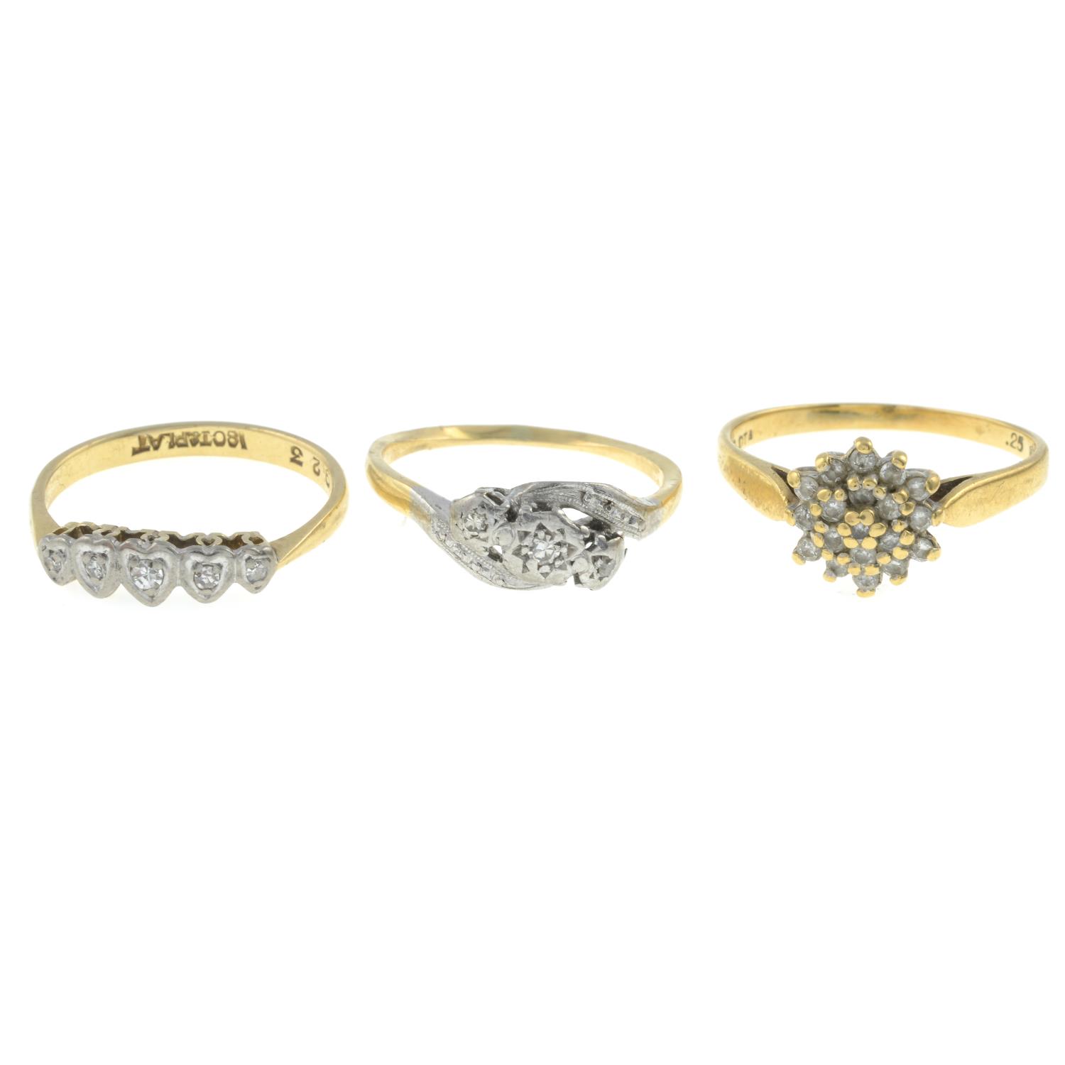 Three diamond rings.18ct gold diamond cluster ring,