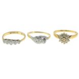 Three diamond rings.18ct gold diamond cluster ring,