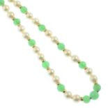 A chrysoprase and cultured pearl necklace with bead spacers.Clasp stamped 585.Length 60cms.