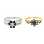 Two 18ct gold sapphire and diamond rings.18ct gold diamond and sapphire cluster ring,