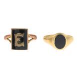 Two 9ct gold onyx rings.Hallmarks for Chester, 1848 and 9ct gold.Ring sizes N and Q.