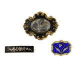 Three Victorian split pearl and enamel memorial brooches.