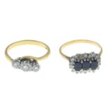 Two gem-set rings.18ct gold sapphire and brilliant-cut diamond cluster ring,