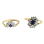 Two 18ct sapphire and diamond rings.Hallmarks for 18ct gold.Ring size N and P.