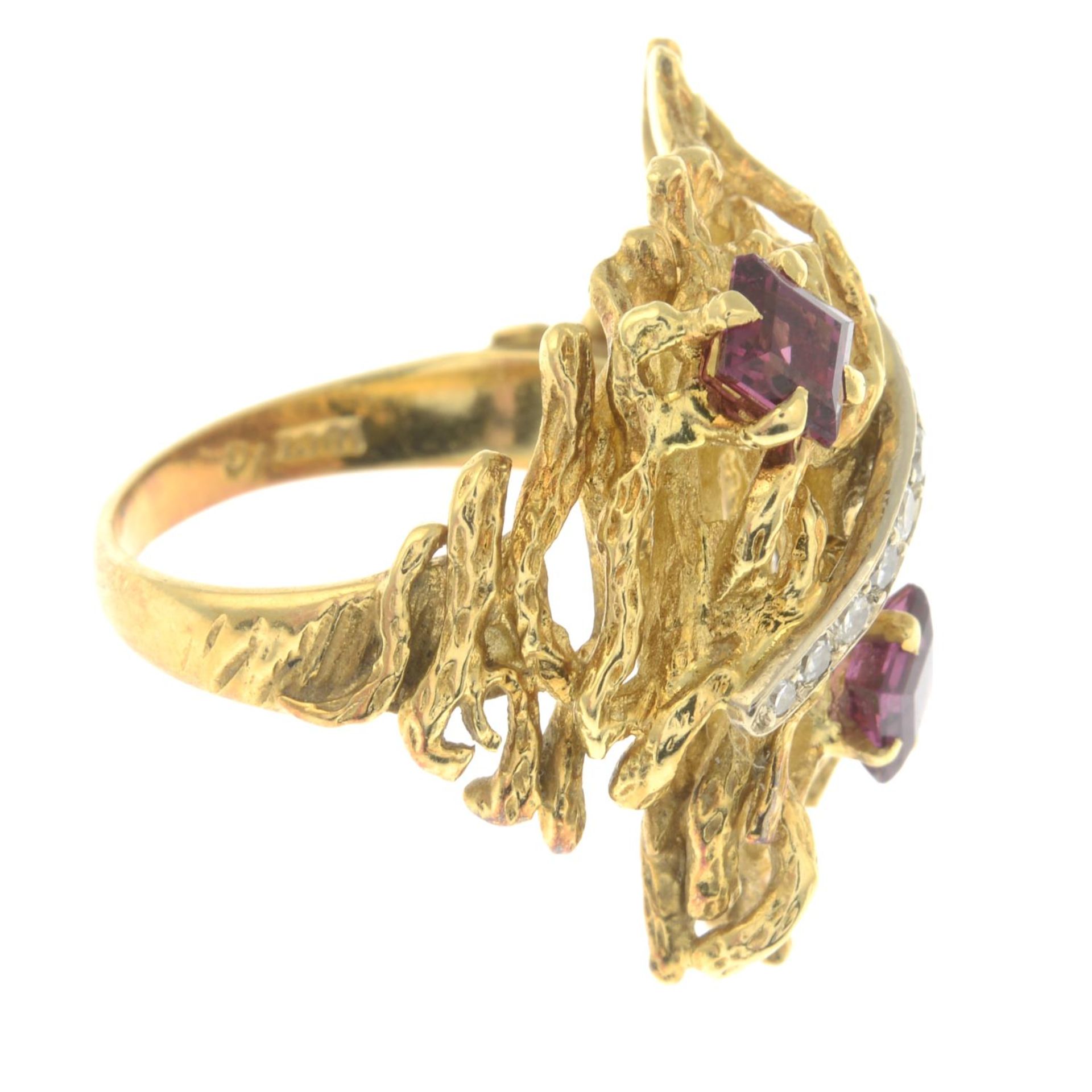 A 1970s 18ct gold garnet and diamond abstract dress ring. - Image 5 of 7
