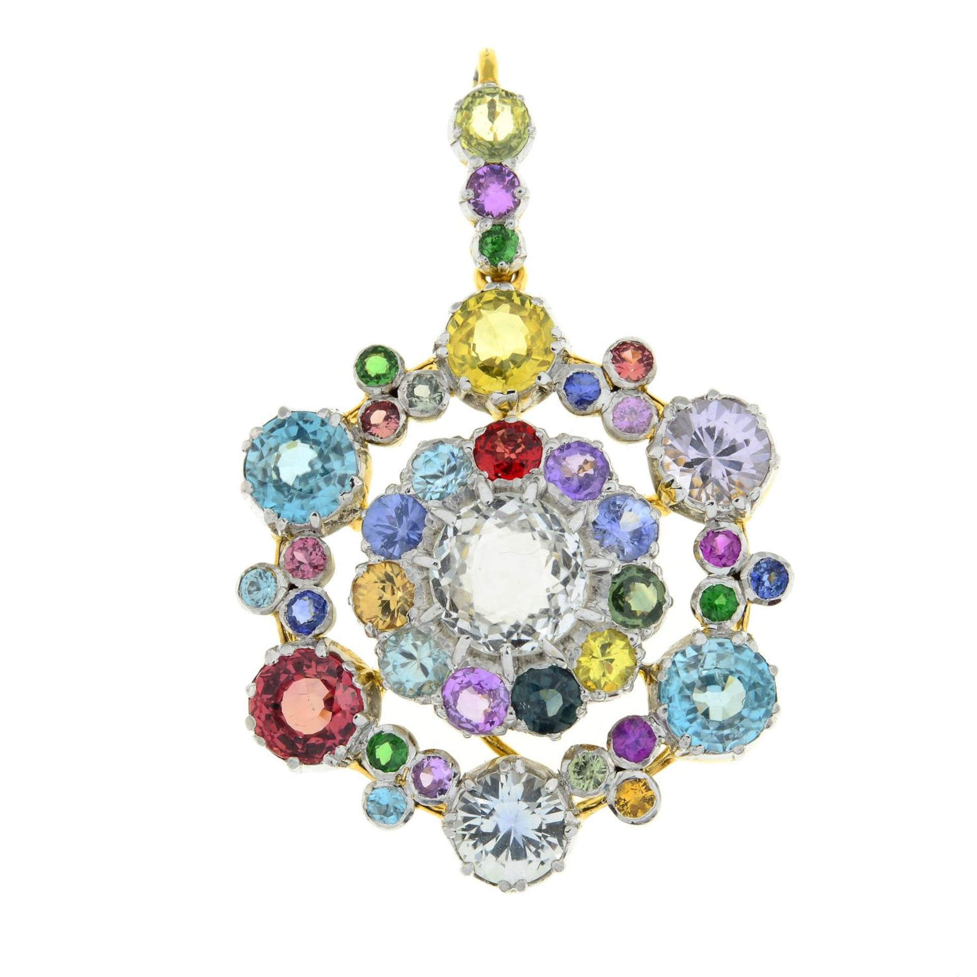 A multi-gem cluster pendant, to include vari-hue sapphires and zircons.Length 4.5cms. - Image 2 of 6