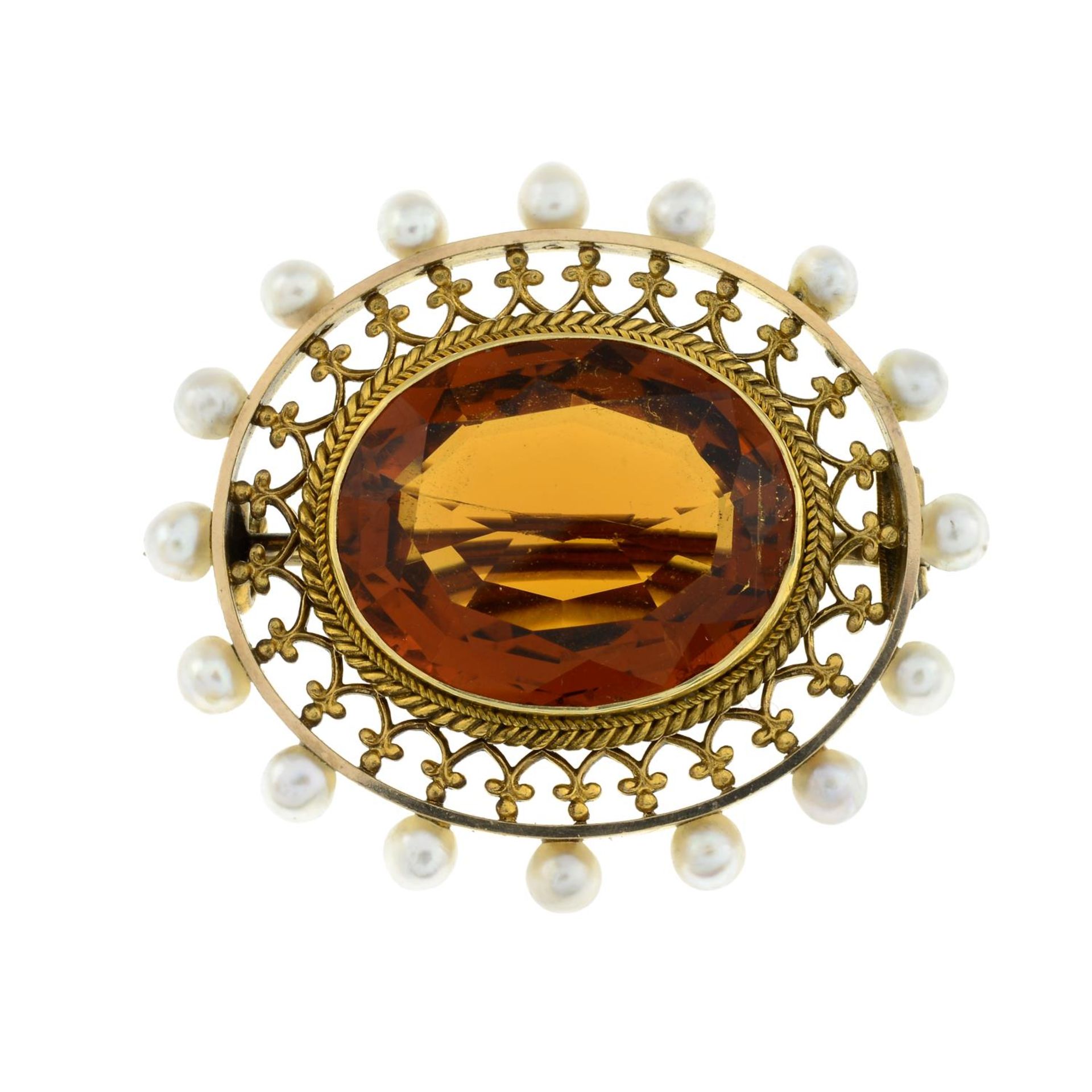 A late Victorian gold citrine and seed pearl brooch. - Bild 3 aus 5