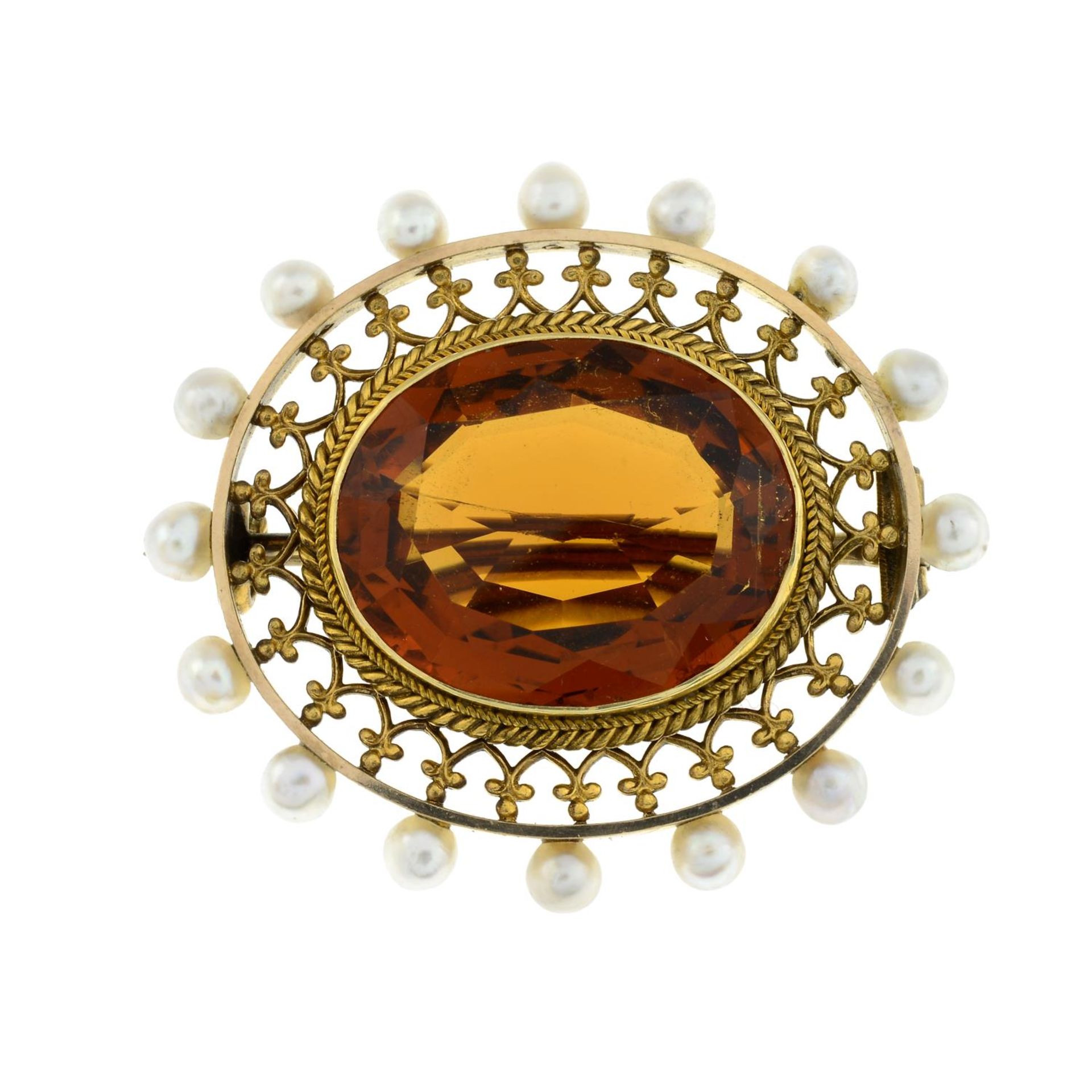 A late Victorian gold citrine and seed pearl brooch. - Image 3 of 5