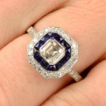 A sapphire and diamond square-shape cluster ring.