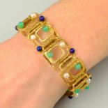 A lapis lazuli, chrysoprase and seed pearl textured bracelet.French re-strike marks, stamped 750.