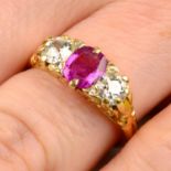 A late Victorian gold Burmese pink sapphire and old-cut diamond three-stone ring,