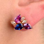 A pair of 18ct gold vari-hue sapphire and diamond earrings.